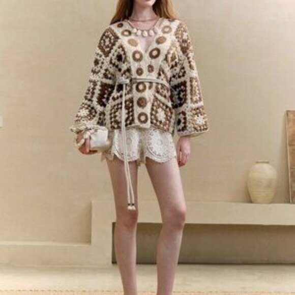 Coffee Brown Casual Women's Geometric Crochet Dolman Sleeve Cardigan - Picture 3 of 7